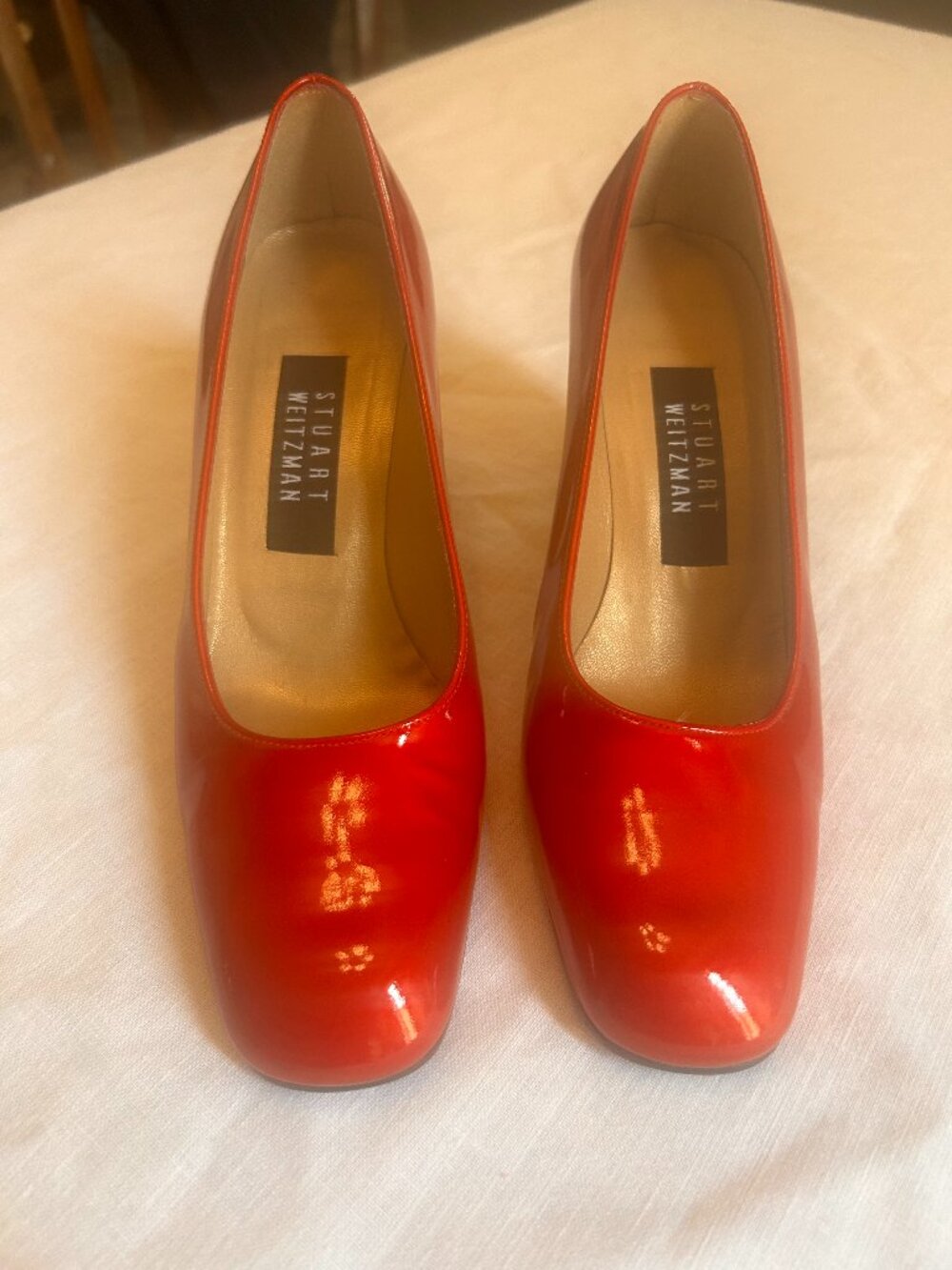Stuart Weitzman red pumps, size 7.5, great condition, block heel patent leather